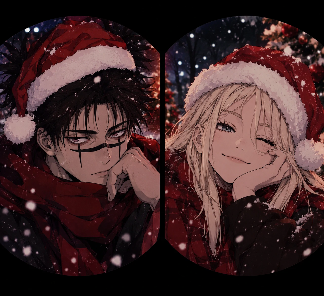 Christmas themed Choso and Yuki matching PFP with festive hats and snow