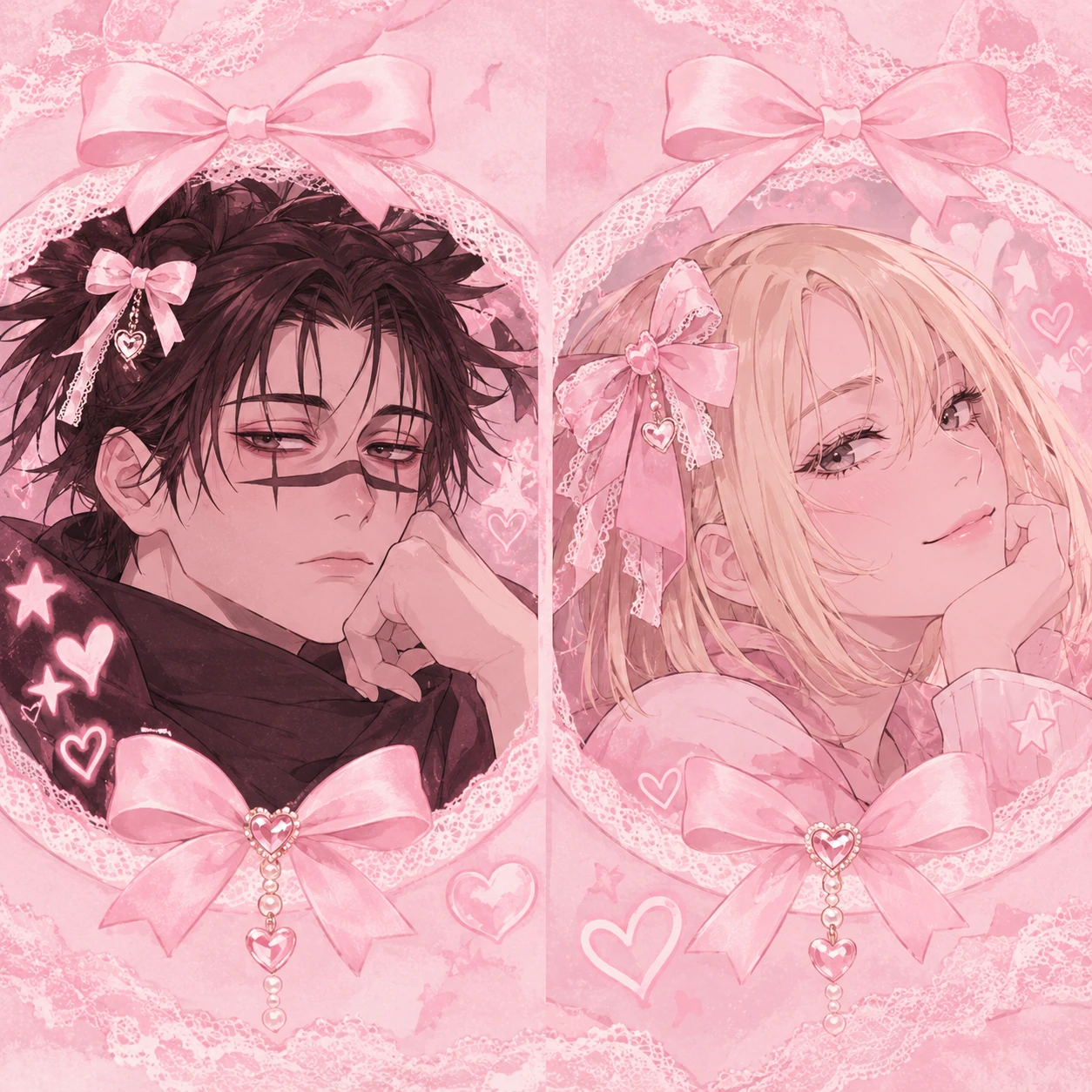 Coquette style Choso and Yuki matching PFP with bows and soft pink tones
