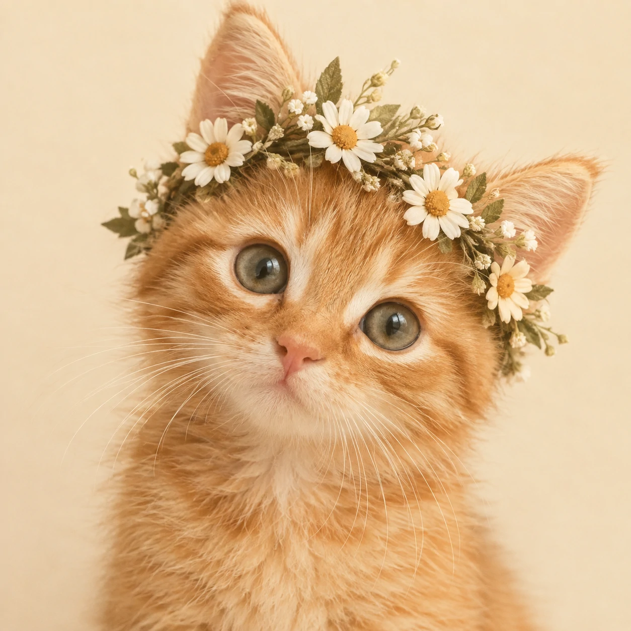 Cute cat PFP of an orange kitten wearing a tiny flower crown on a cream background