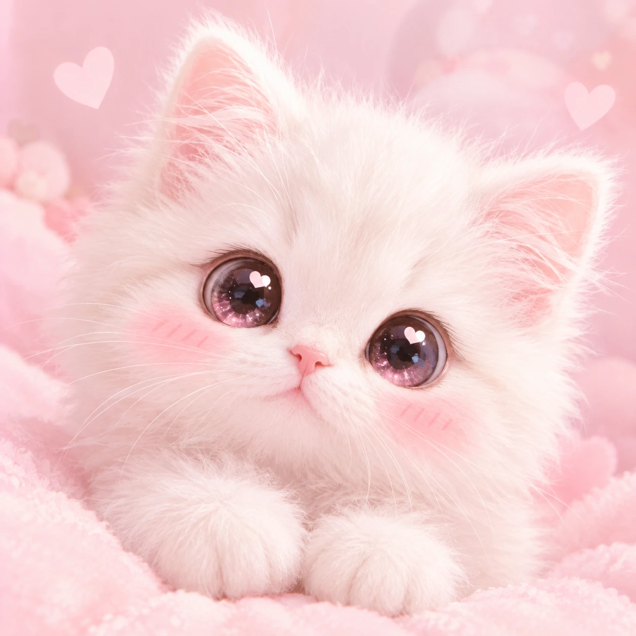Cute cat PFP of a fluffy white kitten with pink cheeks on a soft pastel background