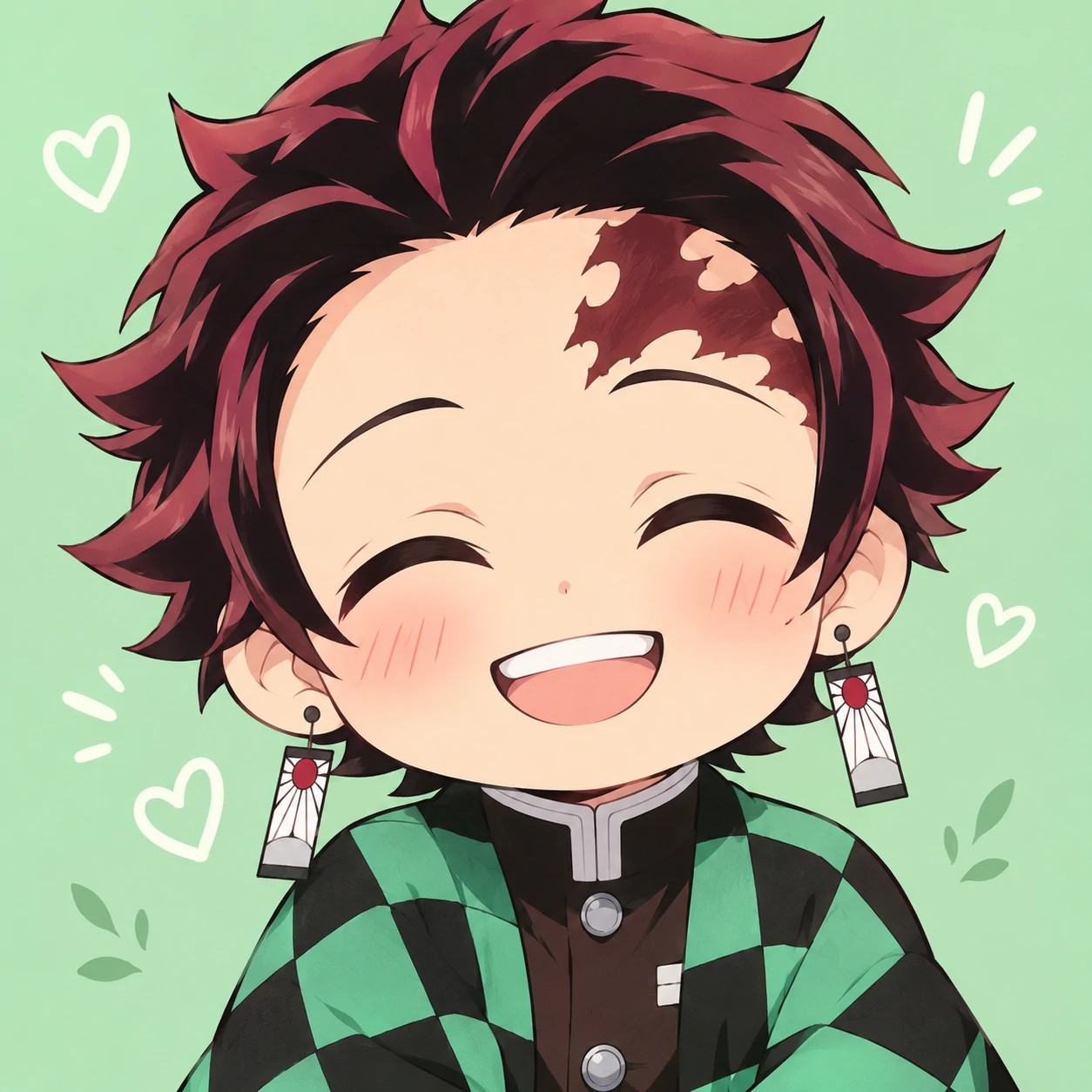 Cute chibi Tanjiro smiling with rosy cheeks on a pastel green background, soft anime pfp