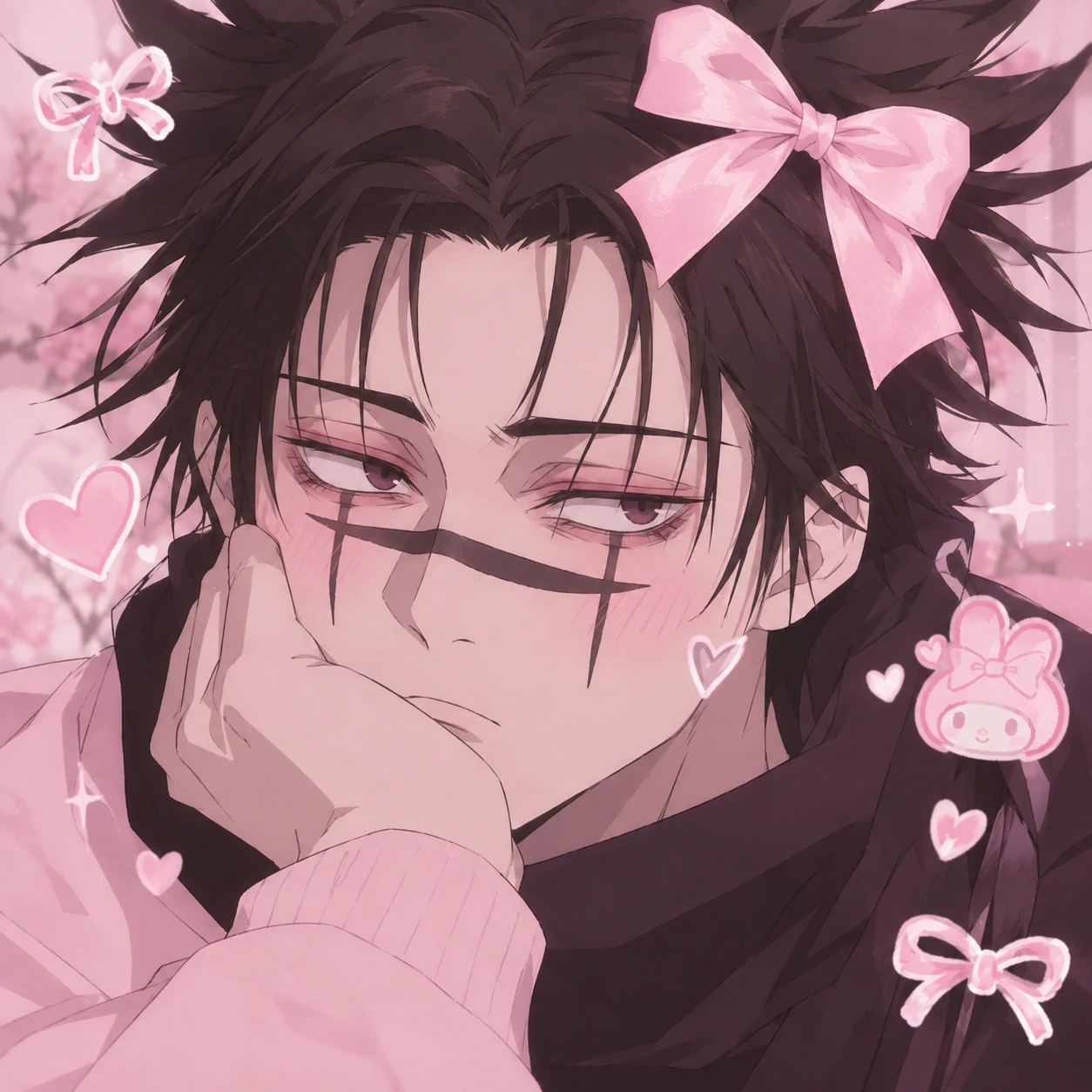 Cute Choso PFP wearing a pink bow with soft coquette styling