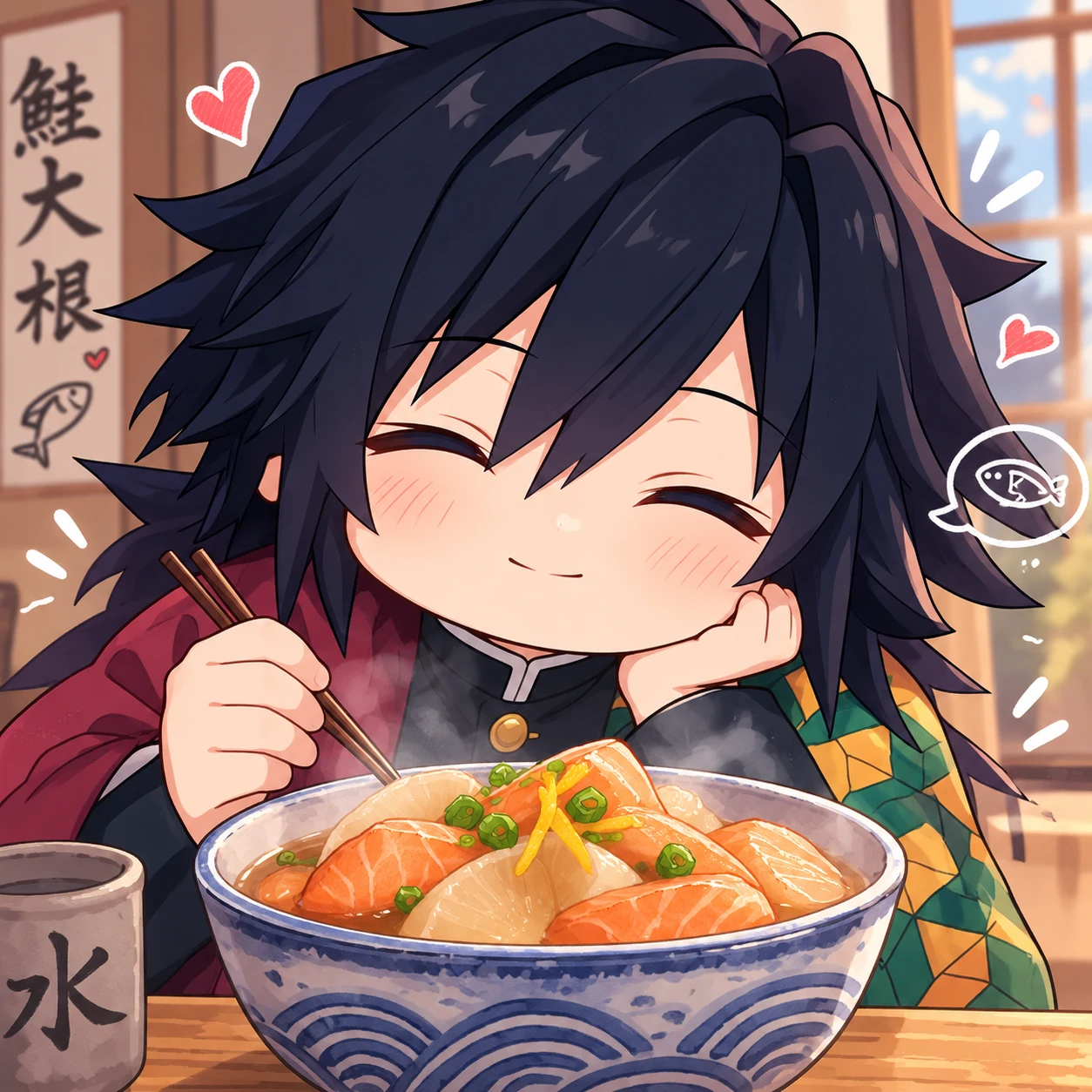 Chibi Giyu smiling over a bowl of salmon daikon, cute and funny Demon Slayer icon