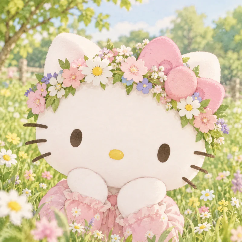 Cute Hello Kitty PFP for a girl wearing a pastel flower crown outdoors