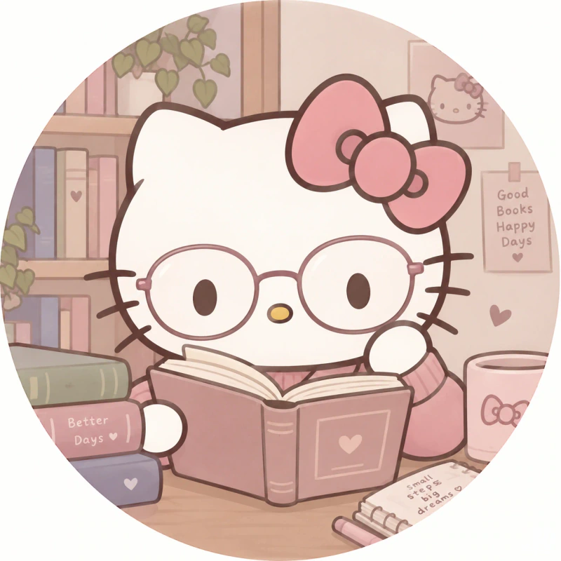 Cute Hello Kitty PFP for girls wearing round glasses and reading a book