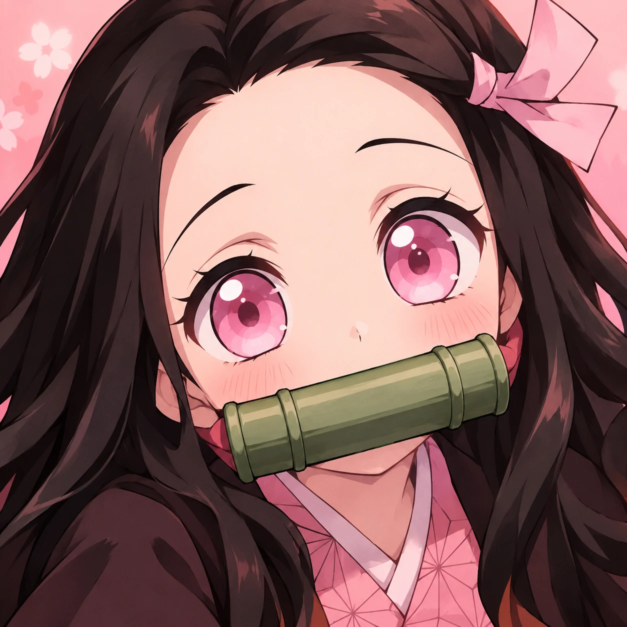 Cute Nezuko Kamado with her bamboo muzzle and big pink eyes, soft Demon Slayer pfp