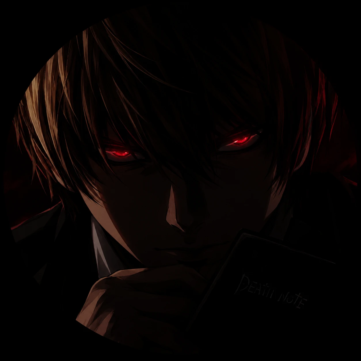 Dark Death Note PFP of Kira with glowing red eyes in deep shadow