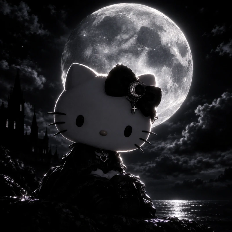 Goth aesthetic dark Hello Kitty PFP sitting under a full moon at night