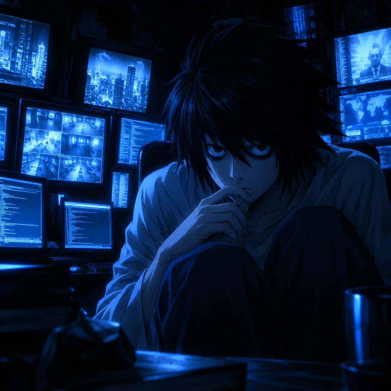 Dark L Death Note PFP lit only by blue monitor glow in a black room