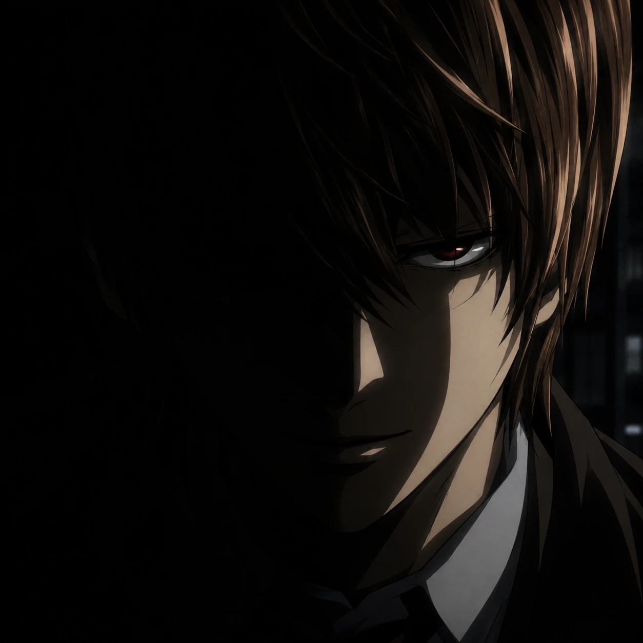 Dark Light Yagami PFP with half his face hidden in dramatic shadow