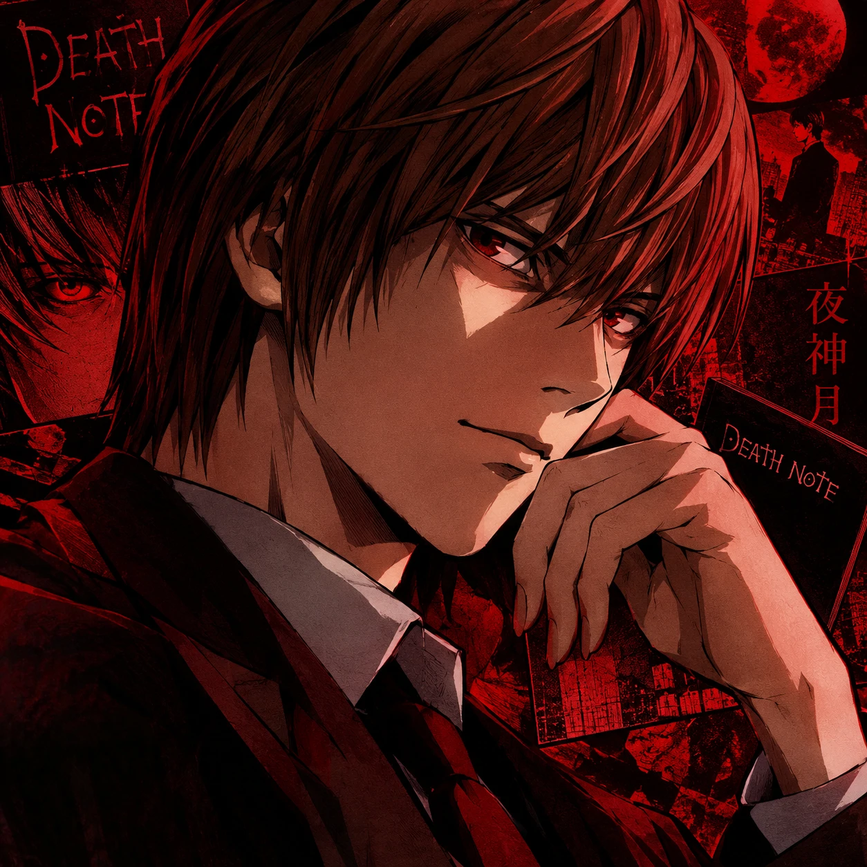 Colored Death Note manga PFP panel of Light with deep red accents