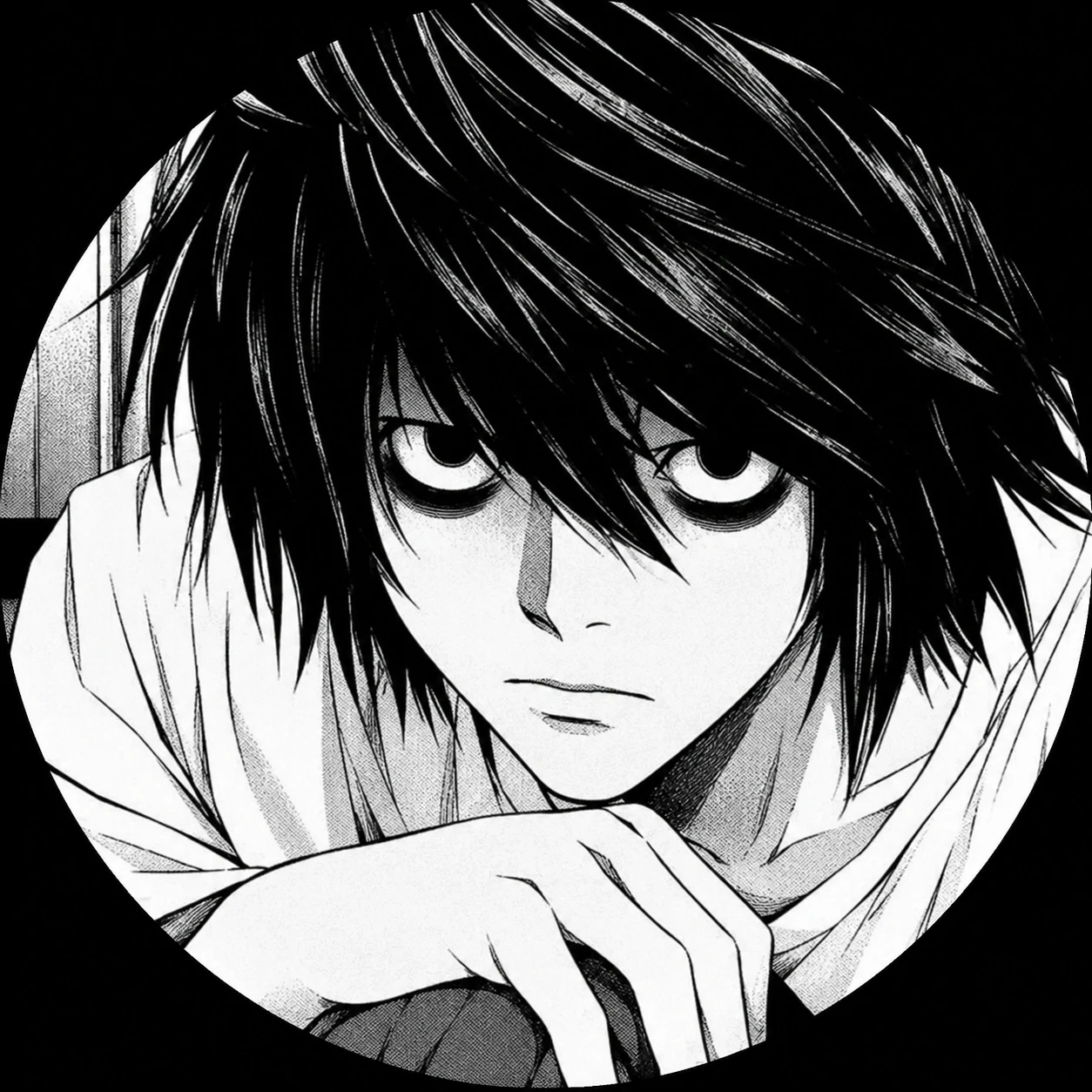 Death Note manga PFP from L's first appearance panel in black and white