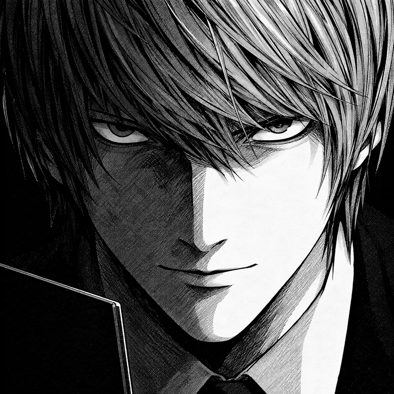 Death Note manga PFP of Light Yagami's cold Kira stare in inked panels