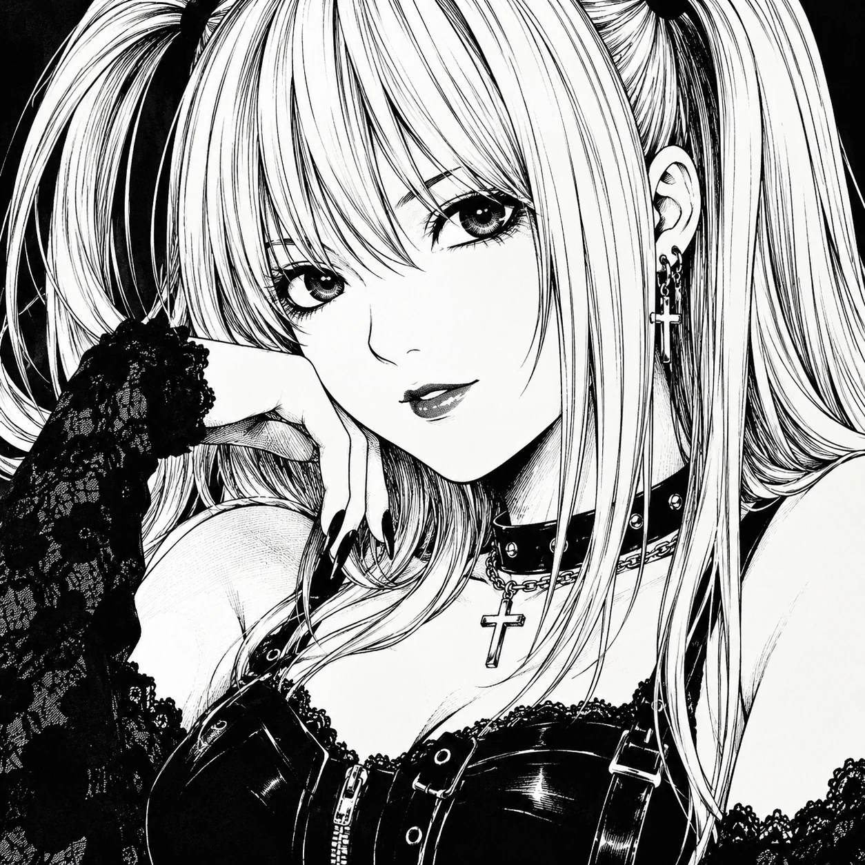 Death Note manga PFP ink portrait of Misa Amane with detailed linework