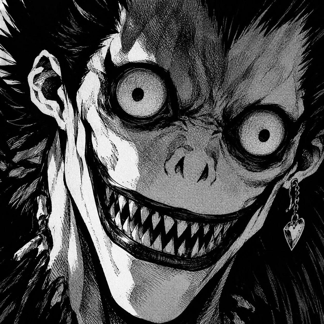 Death Note manga PFP of Ryuk's wide grin from an original manga panel