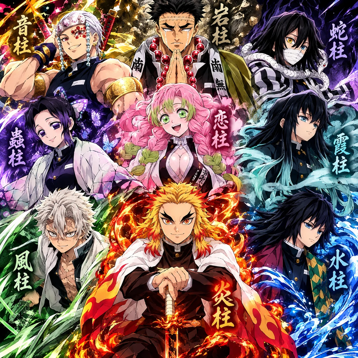 All nine Demon Slayer Hashira standing together in HD group artwork, epic anime group pfp