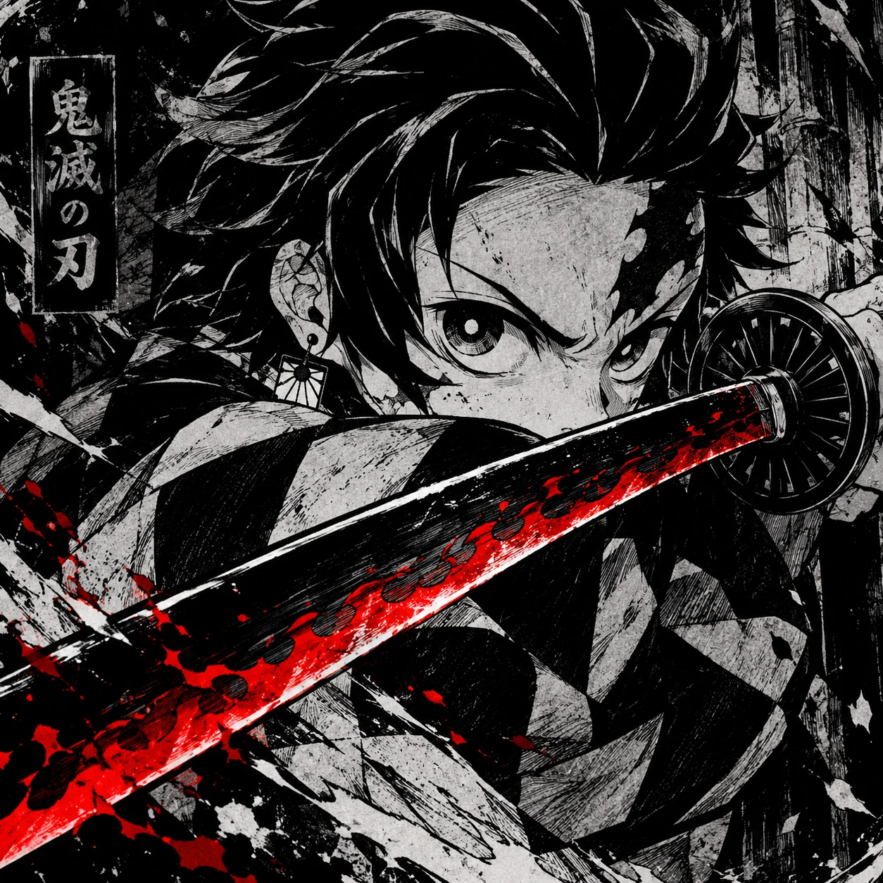 Black and white Demon Slayer manga panel with a single red accent on the blade, aesthetic manga pfp