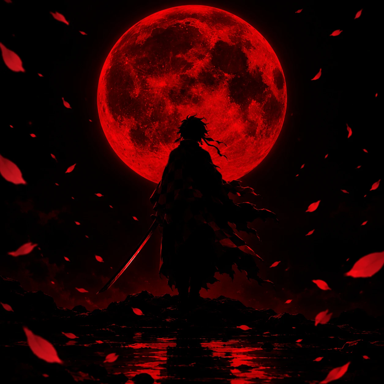 Silhouette of a Demon Slayer swordsman under a blood red moon, dark red and black aesthetic pfp