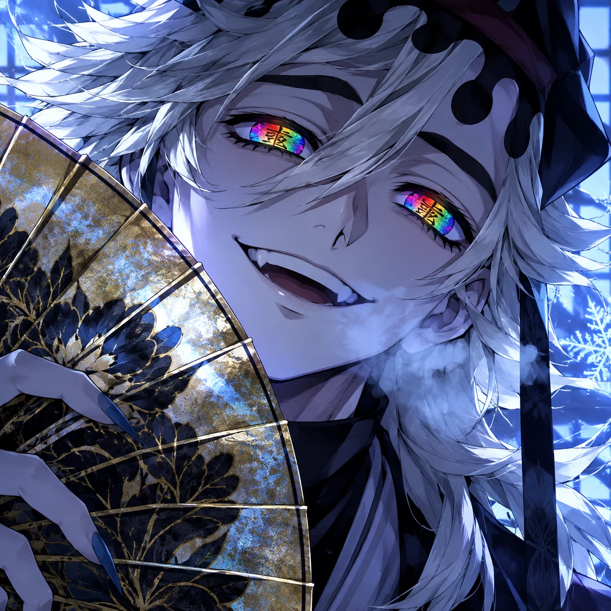 Douma smiling with rainbow eyes and ice fan near his face, creepy Upper Moon Demon Slayer pfp