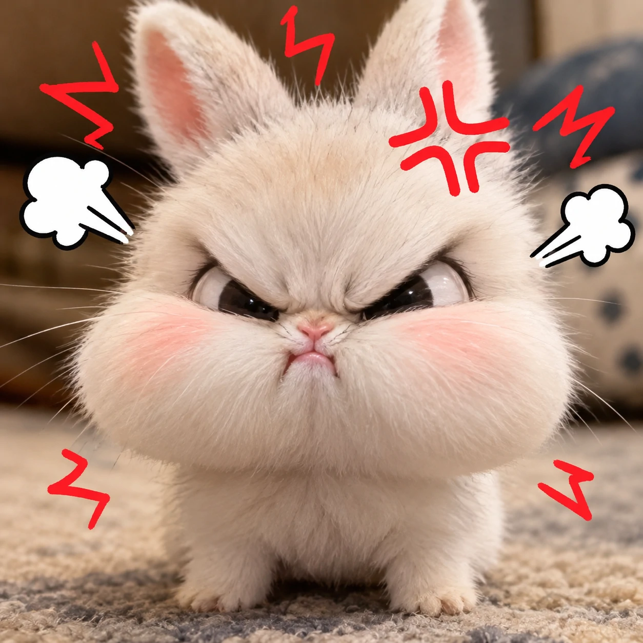 Funny angry bunny pfp of a tiny rabbit with an exaggerated furious face