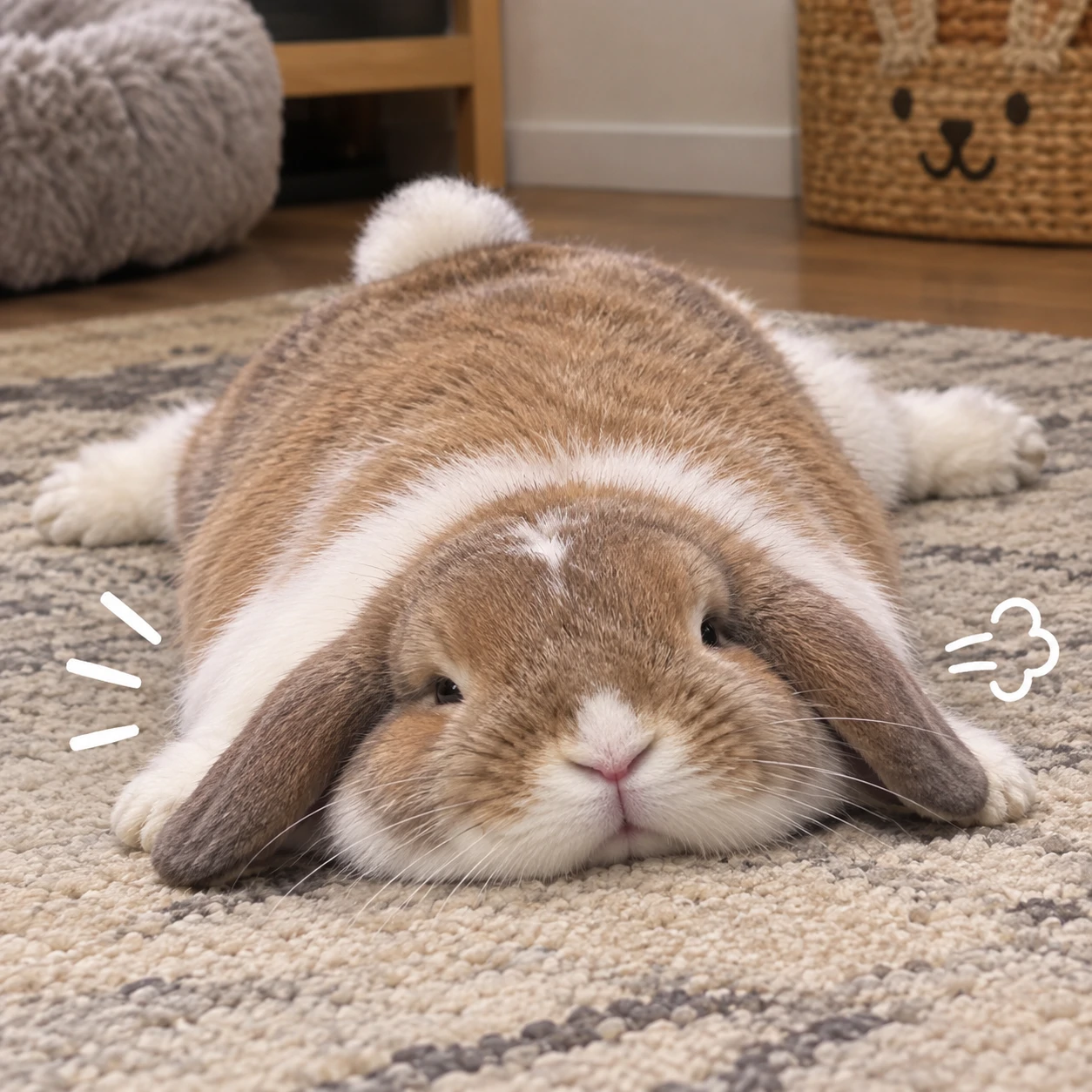 Funny bunny pfp of a chubby rabbit flopped dramatically on the floor