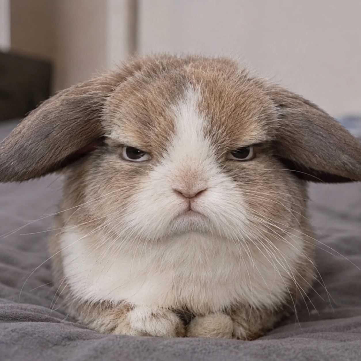 Funny grumpy bunny pfp with flattened ears and unimpressed expression