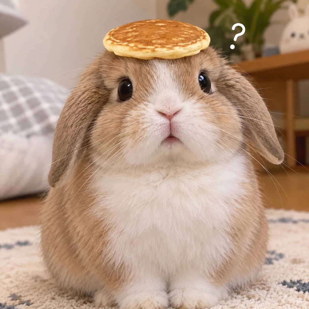 Funny bunny pfp of a rabbit balancing a tiny pancake on its head