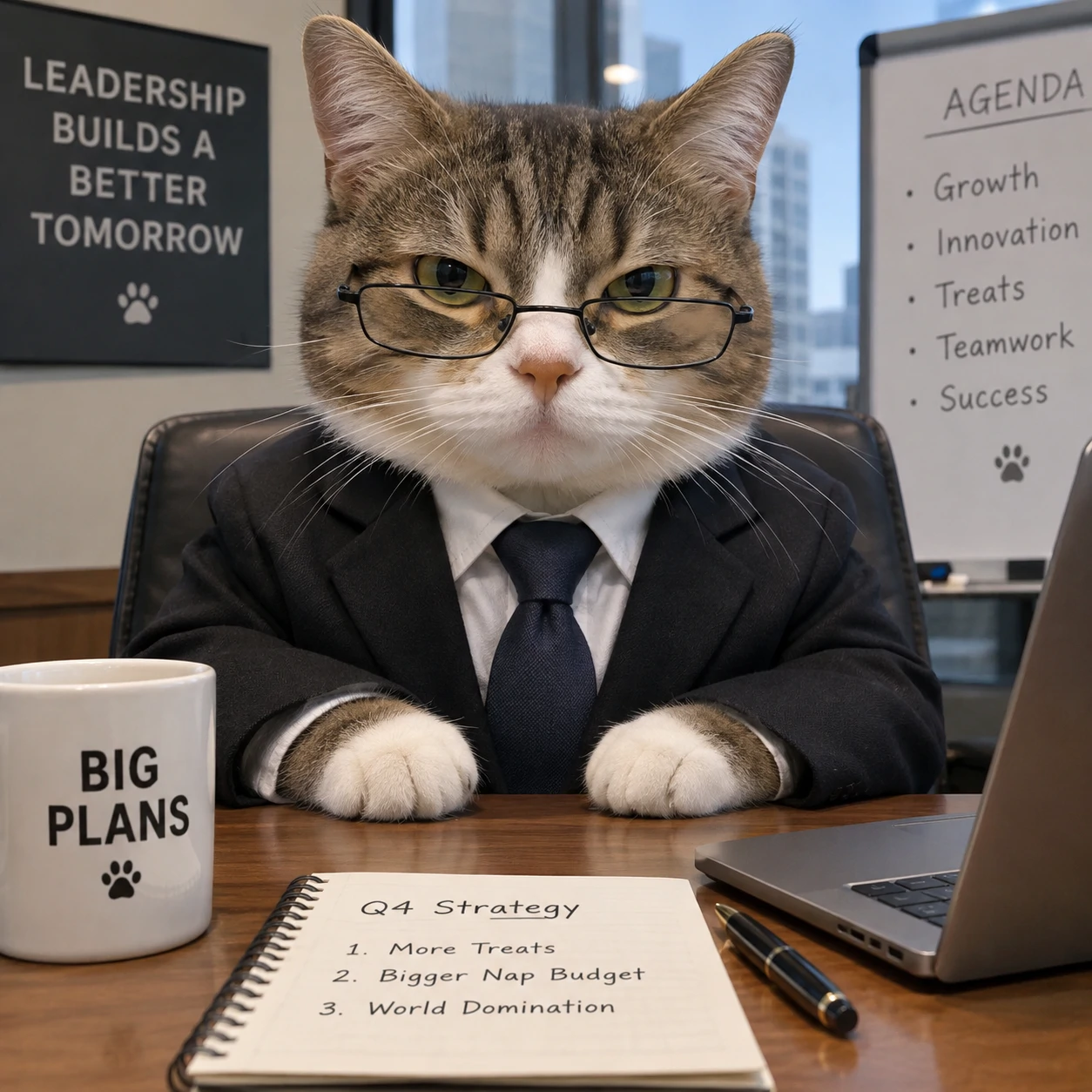 Funny cat PFP of a serious cat wearing tiny glasses and a business suit