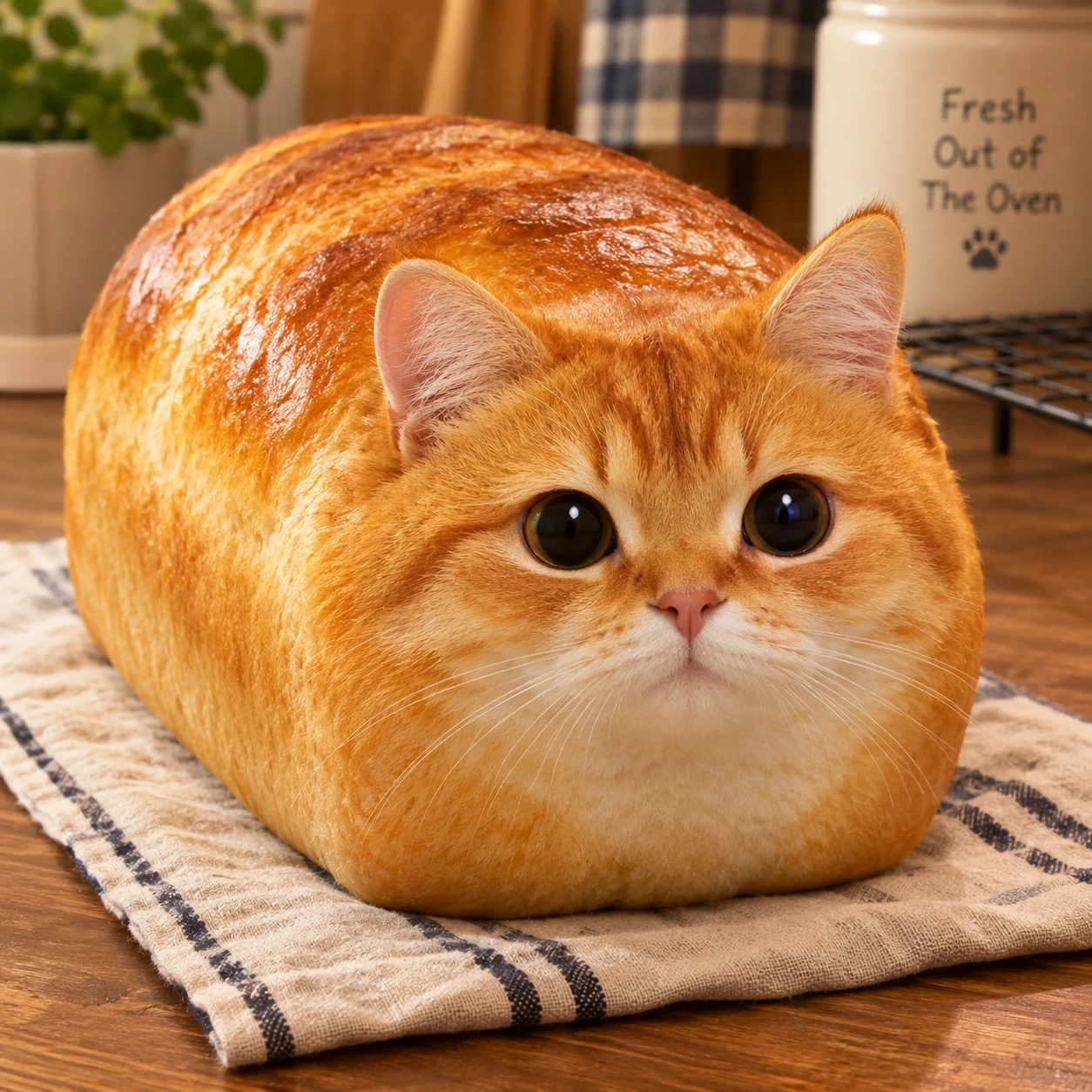 Funny cat PFP of a cat sitting in a perfect bread loaf shape on a table