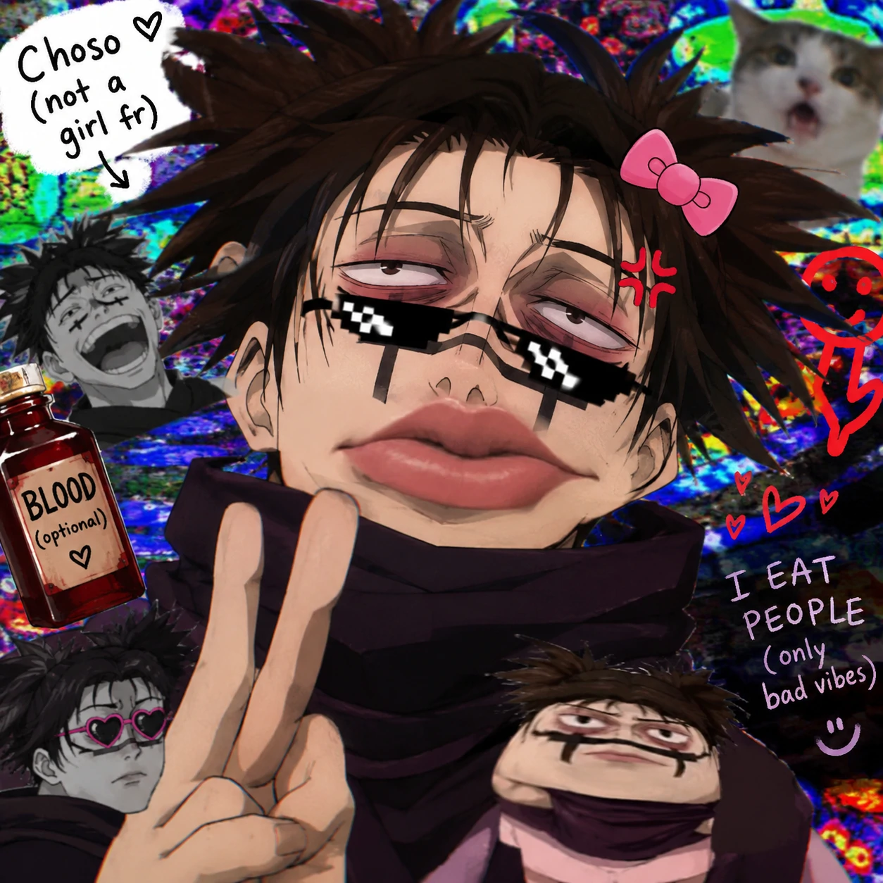 Cursed funny Choso profile picture with chaotic photoshop style edit
