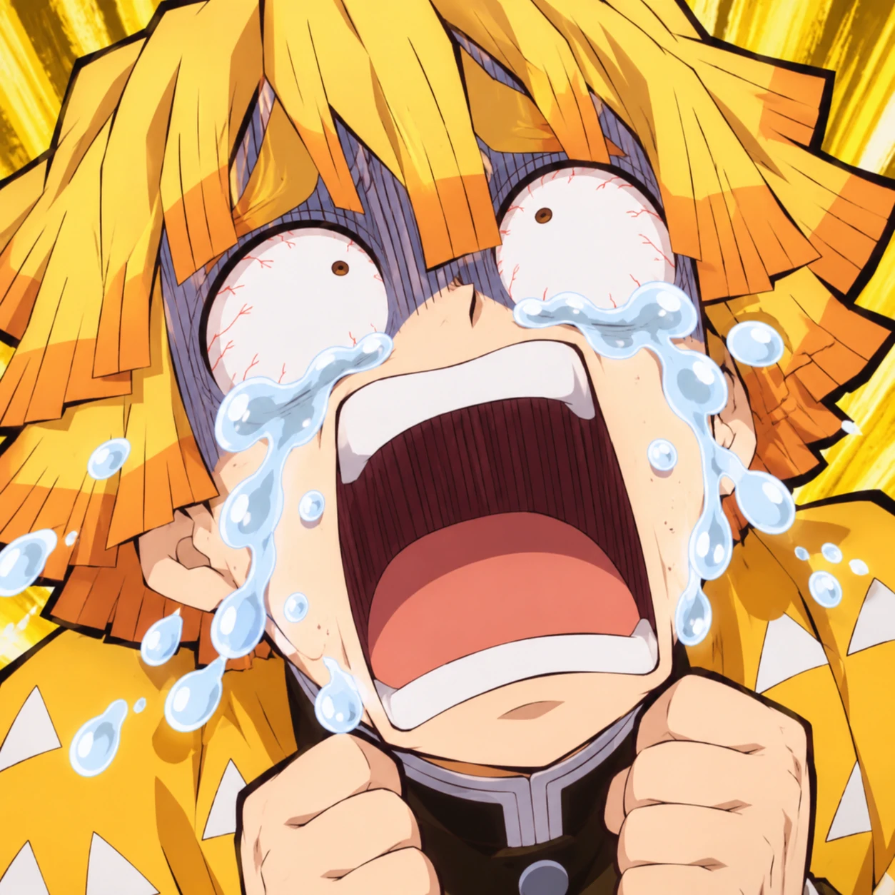 Zenitsu Agatsuma screaming and crying with exaggerated anime expression, funny Demon Slayer pfp