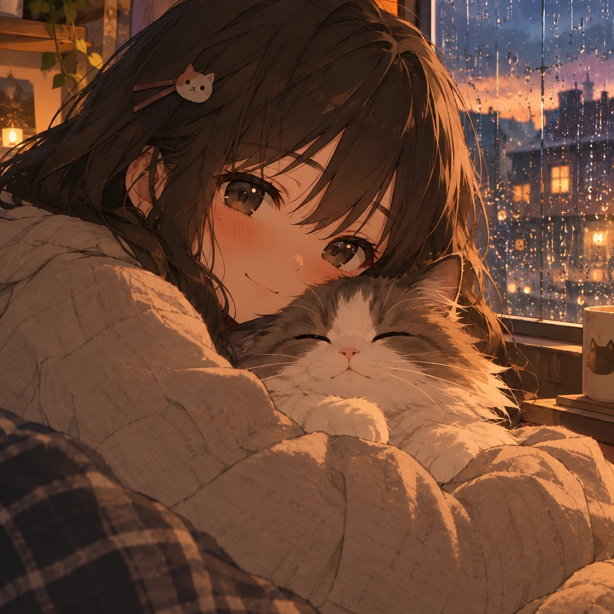 Girl with cat PFP showing an anime girl cuddling a fluffy cat by a window