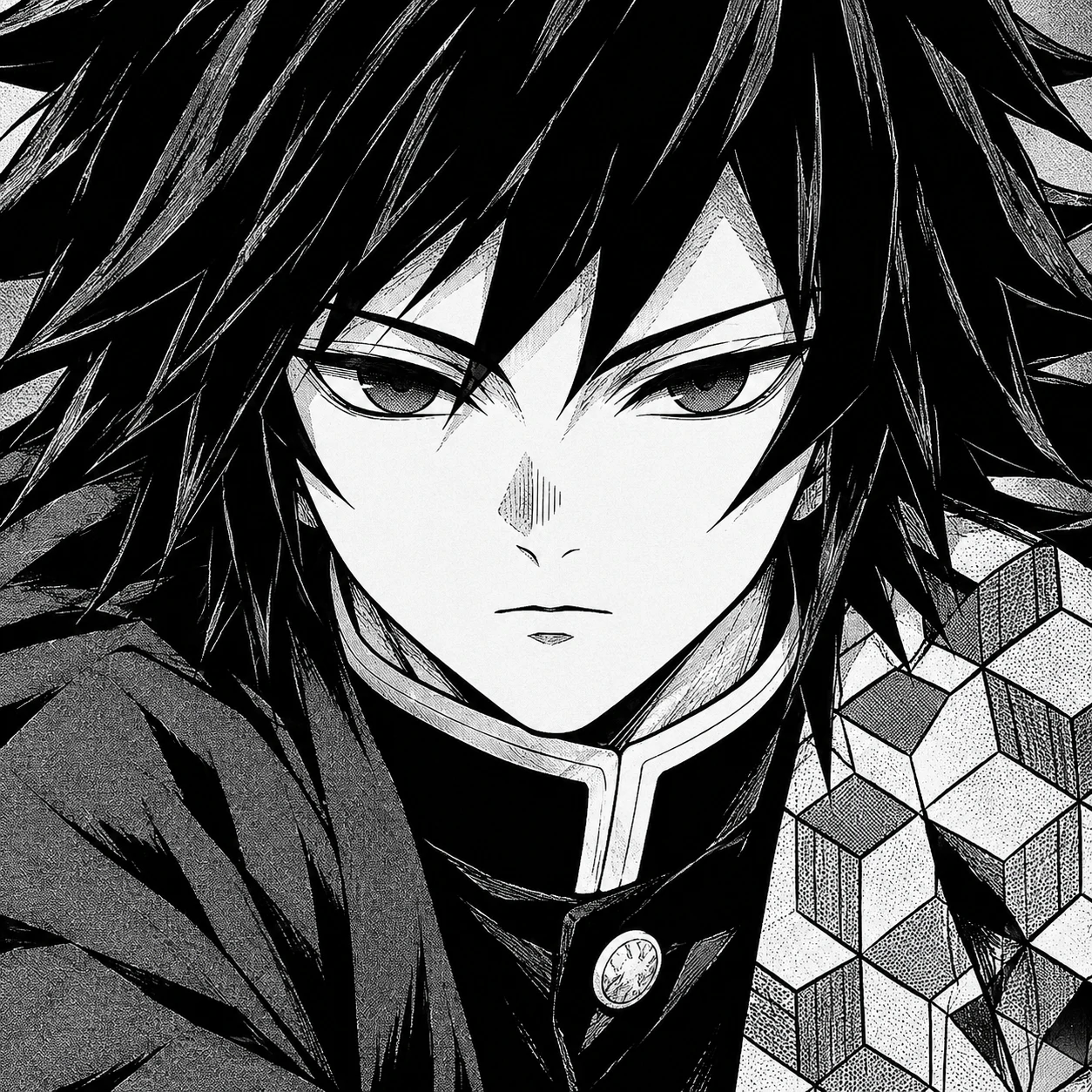 Monochrome manga icon of Giyu Tomioka with a stern expression and sharp linework, minimal pfp