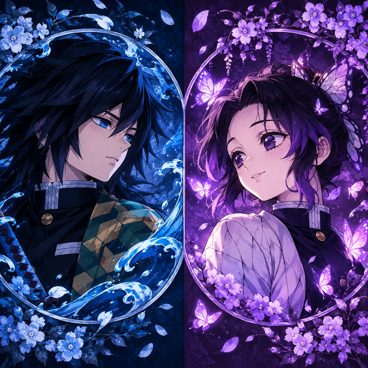 Giyu and Shinobu matching icons in blue and purple tones, Hashira couple matching pfp