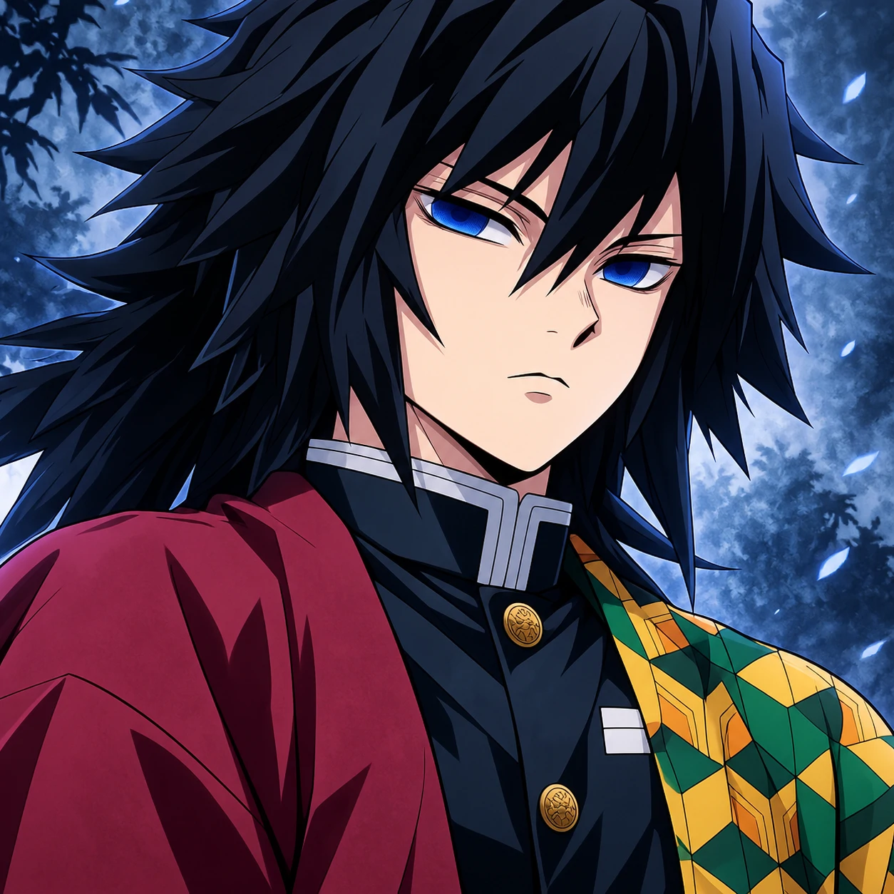 HD Giyu Tomioka portrait showing his half burgundy, half patterned haori, cool Demon Slayer pfp