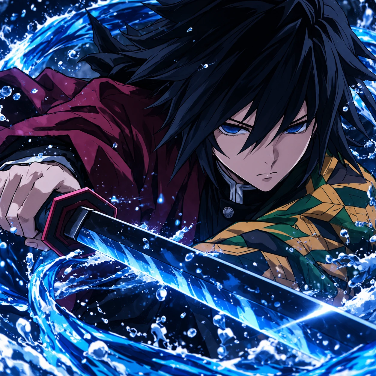 Giyu Tomioka drawing his blue Nichirin blade in a battle stance, cool anime boy pfp