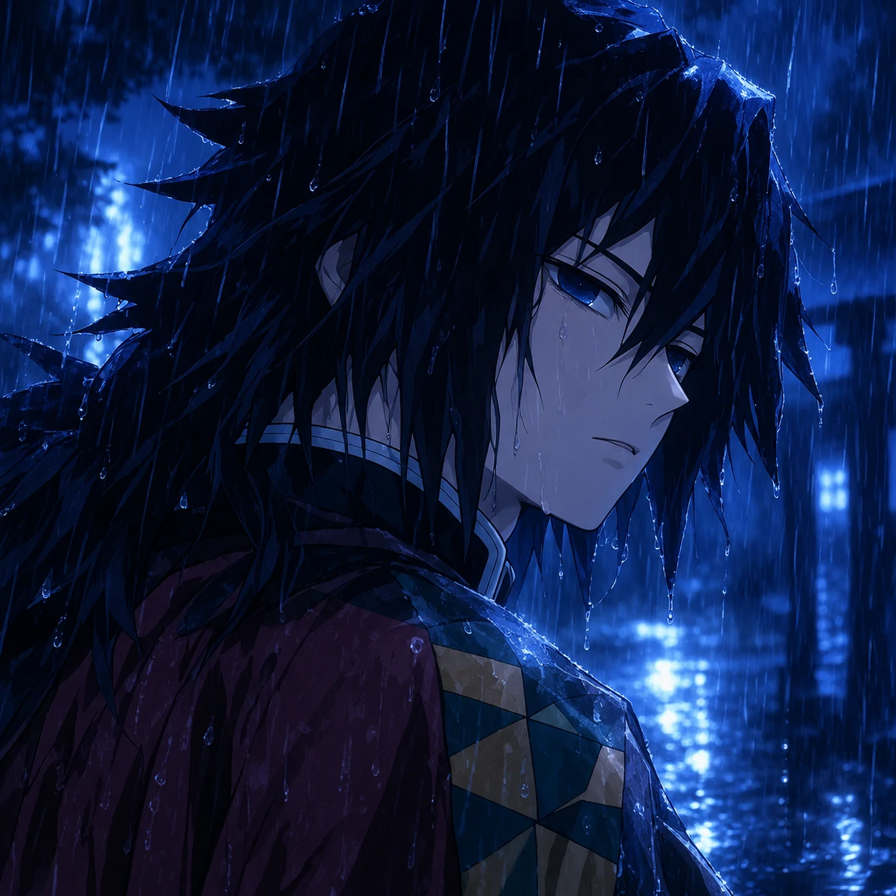 Giyu Tomioka in the rain with blue tones and soft reflections, moody aesthetic anime pfp