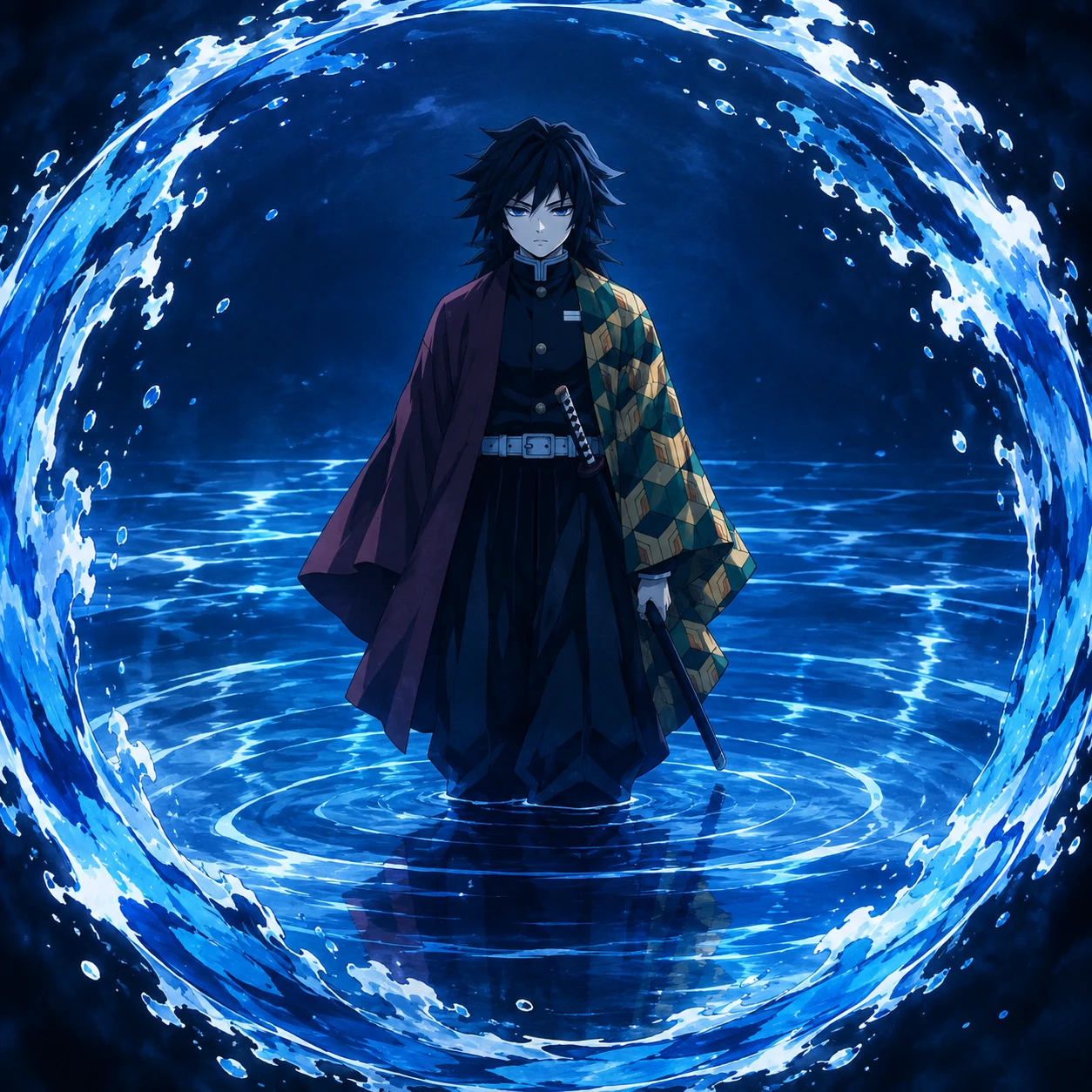 Giyu standing still inside a circle of blue water in Dead Calm form, aesthetic anime pfp