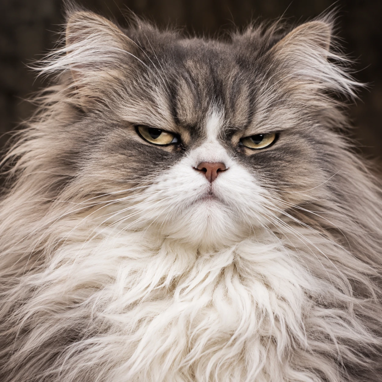 Grumpy cat PFP of a fluffy long-haired cat looking deeply unimpressed