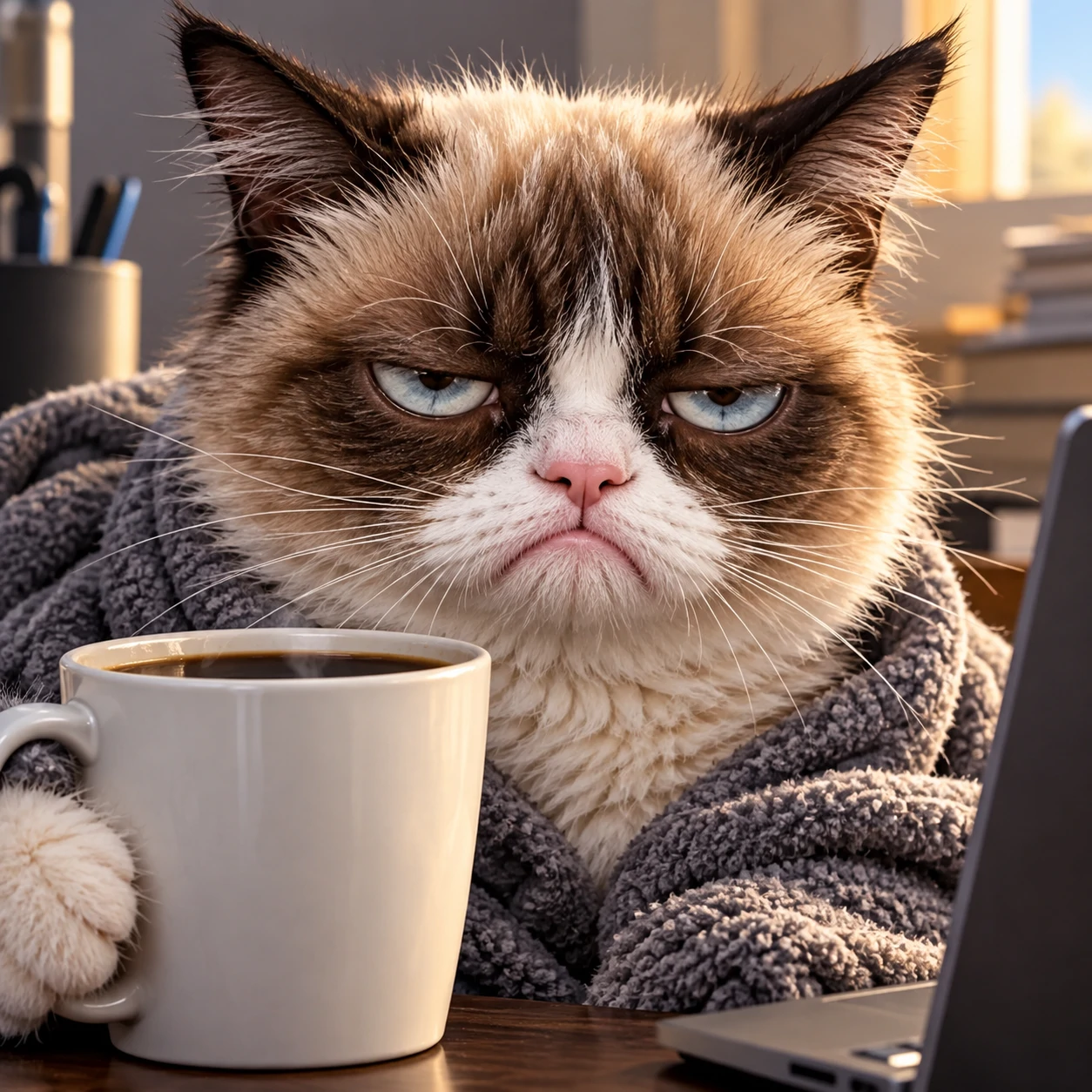Grumpy cat PFP of a scowling cat with droopy eyes radiating Monday energy