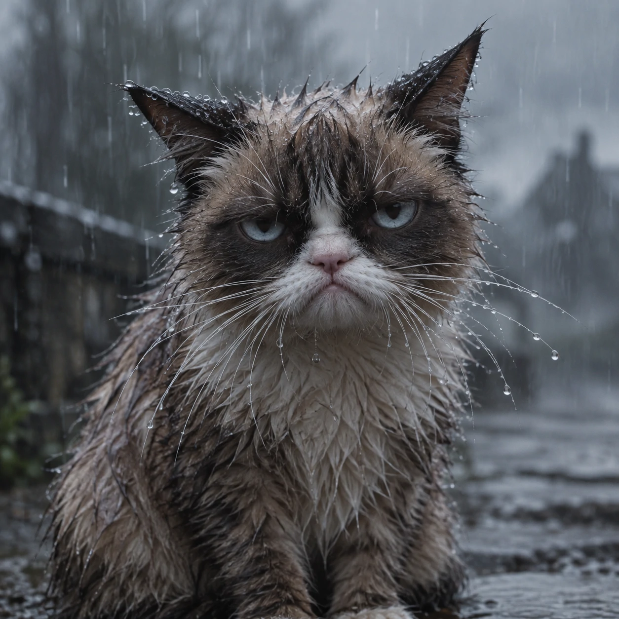 Grumpy cat PFP of a wet disgruntled cat sitting in light rain looking annoyed