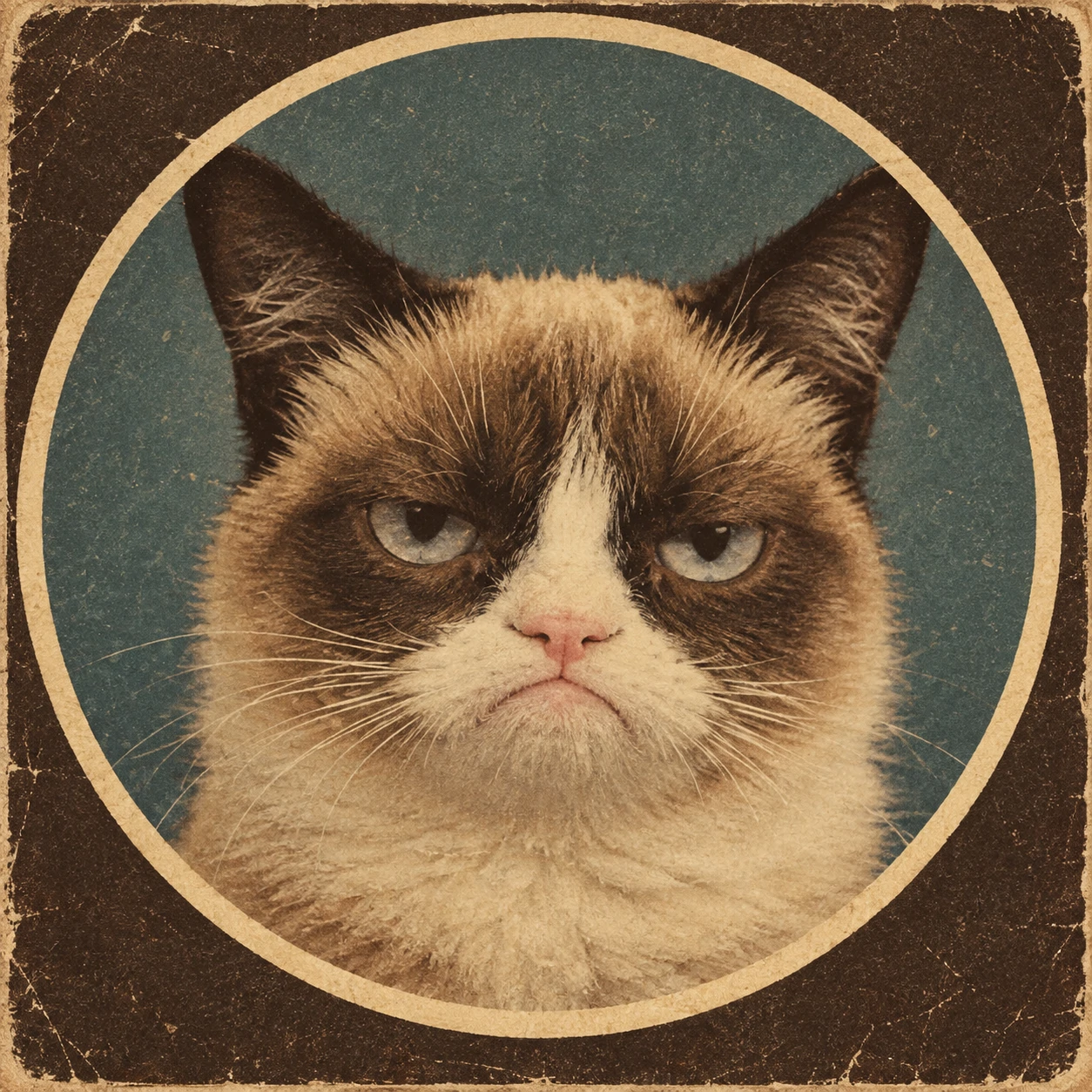 Vintage-style grumpy cat PFP of a classic scowling cat in meme format