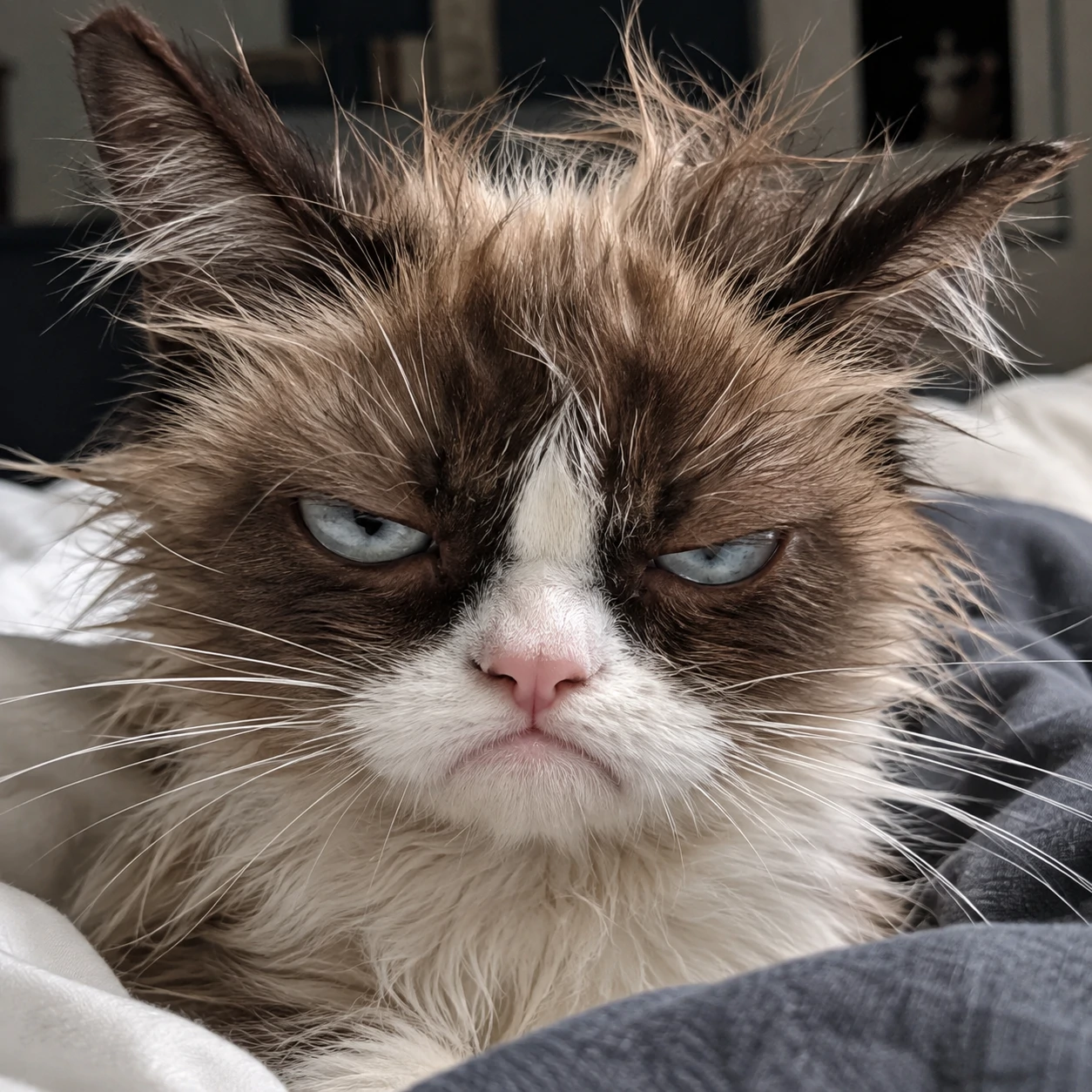 Grumpy cat PFP of a sleepy cat glaring after being woken from a nap