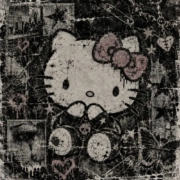 Grunge Hello Kitty PFP with distressed Y2K texture and faded black tones