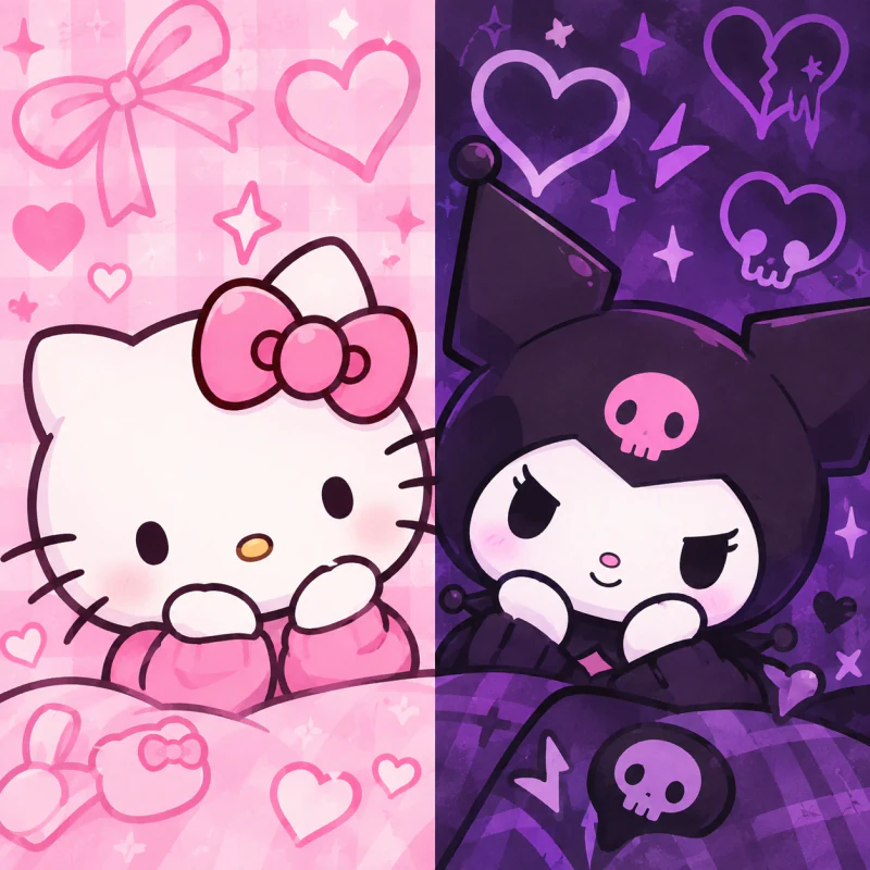 Hello Kitty and Kuromi matching PFP for besties with pink and purple split