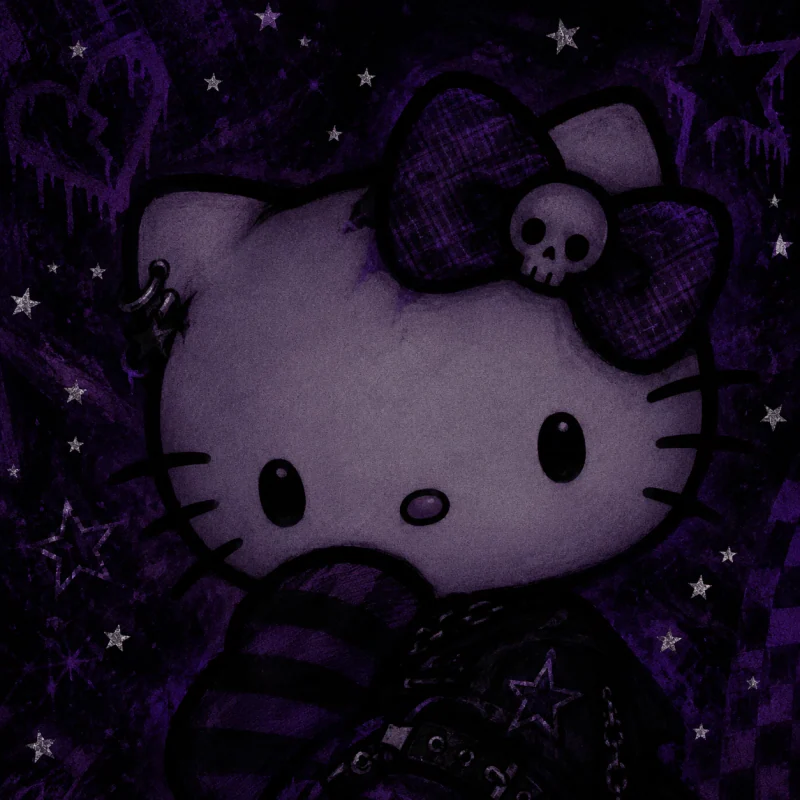 Dark emo Hello Kitty PFP with deep purple tones and tiny silver stars