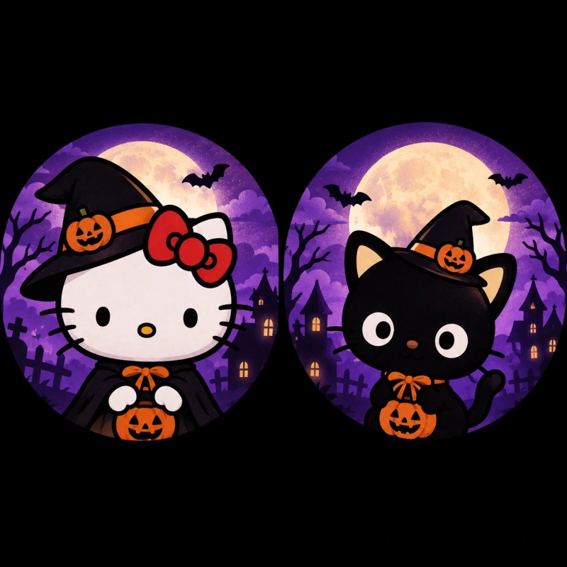 Hello Kitty Halloween matching PFP with a black cat companion for duos