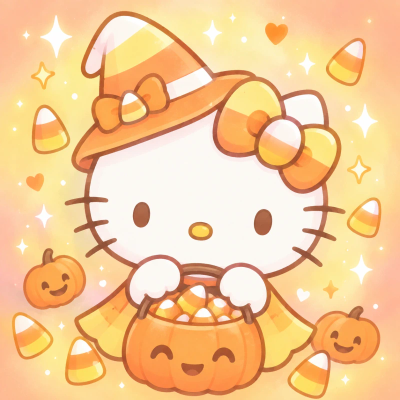 Pastel Hello Kitty Halloween PFP with candy corn colors and sparkles