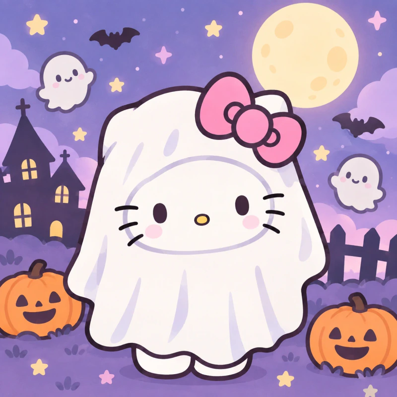 Kawaii Hello Kitty Halloween PFP dressed as a tiny ghost with a bow