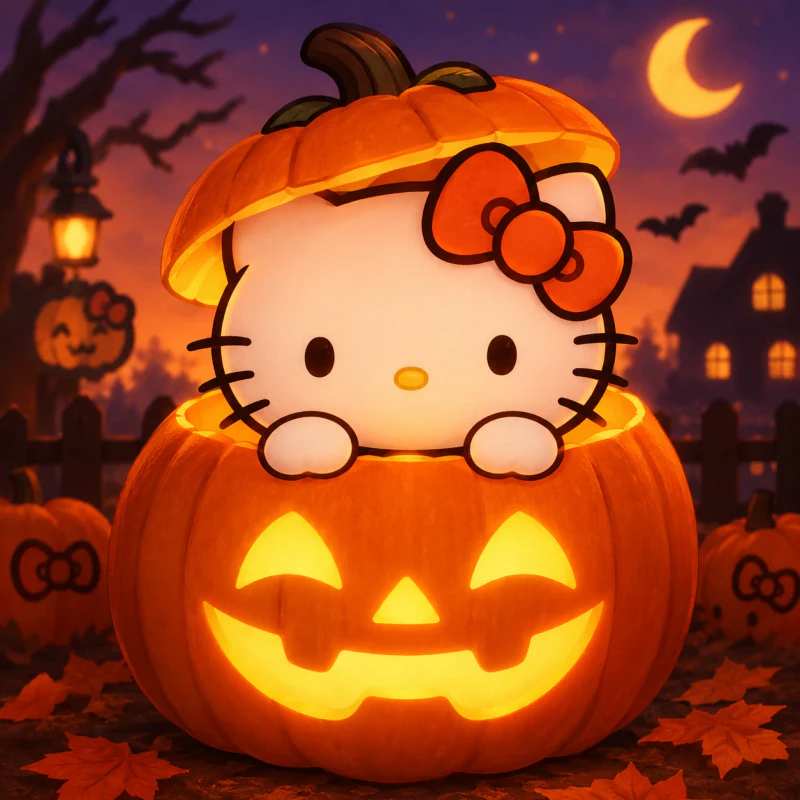 Cute Hello Kitty Halloween PFP sitting inside a glowing carved pumpkin